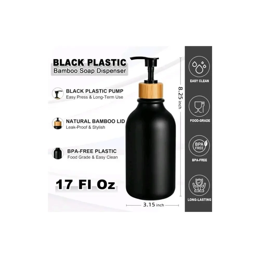 Emerson Essentials 2 Bottle Glass Set Bamboo Tray Black 16 Oz Soap Bottles New